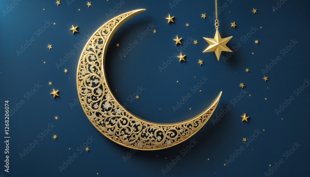 Fototapeta premium Eid Al-Fitr Celebration: A Golden Crescent Moon and Starry Blue Night Sky