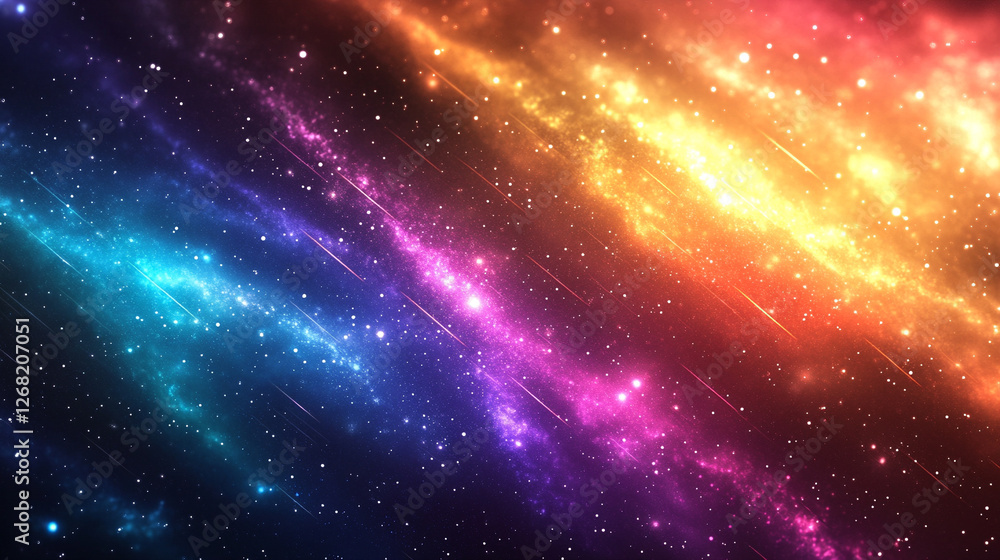 Naklejka premium A dazzling night sky filled with vibrant colors multiple meteors and countless stars creating a breathtaking cosmic spectacle symbolizing wonder dreams limitless possibilities and cosmic energy