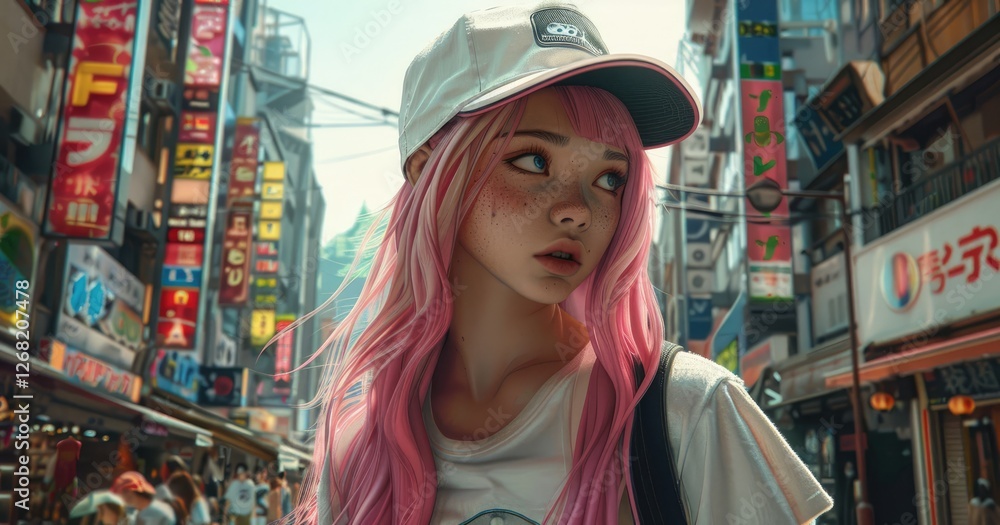 Young woman with pink hair wearing a cap, walking through a vibrant city street filled with neon signs and shops Young woman with pink hair wearing a cap, walking through a vibrant city street filled with neon signs and shops