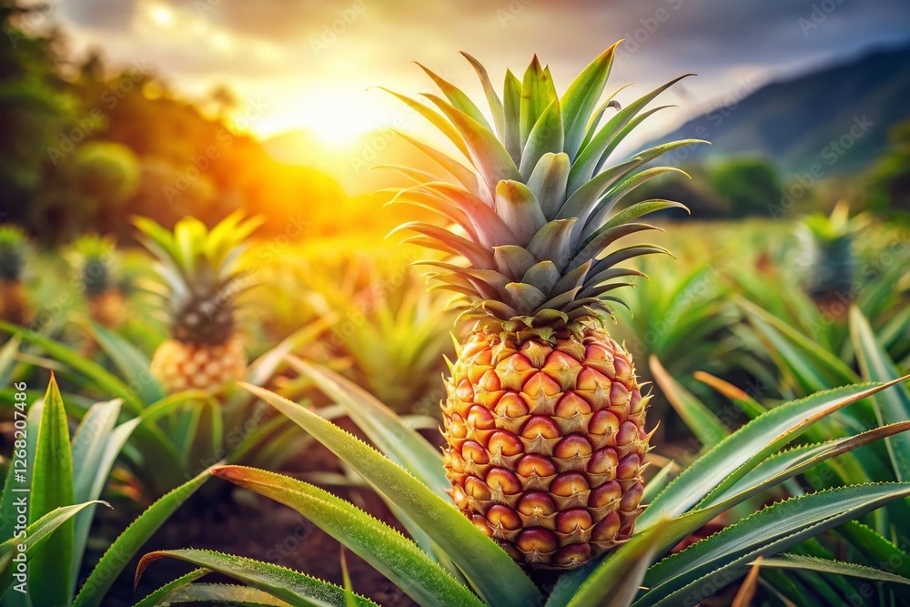 Guatemalan Pineapple Plant: Ripe Pineapple Fruit on Lush Green Foliage, Candid Photography