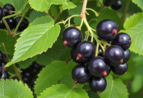 Closeup of Fresh Ripe Black Currant Berries on a Lush Green Bush