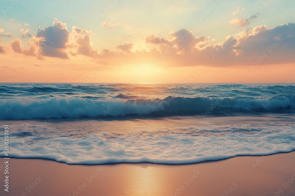 Fototapeta premium Beautiful beach sunset with waves and sky