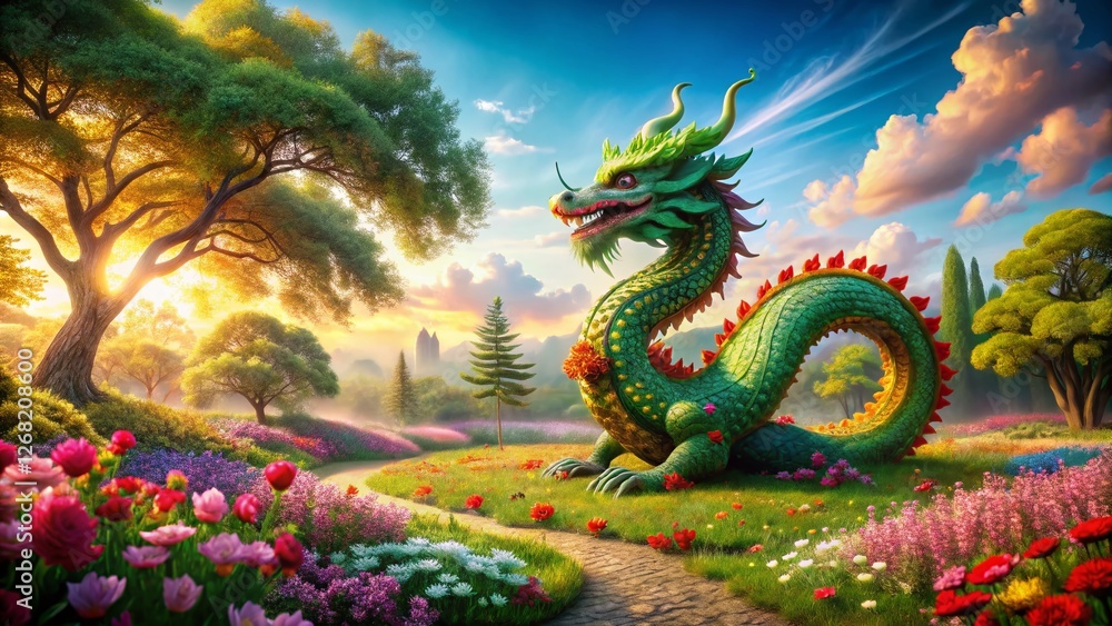 Fototapeta premium Happy Chinese New Year 2024: Wildflowers & Green Dragon Landscape
