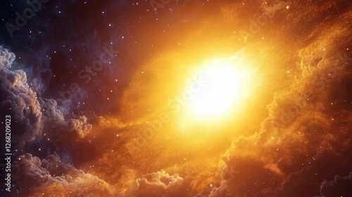 Cosmic explosion in deep space with fiery orange nebula and blue gas clouds. Spectacular stellar birth in distant galaxy. Concept of universe creation and astronomical phenomena