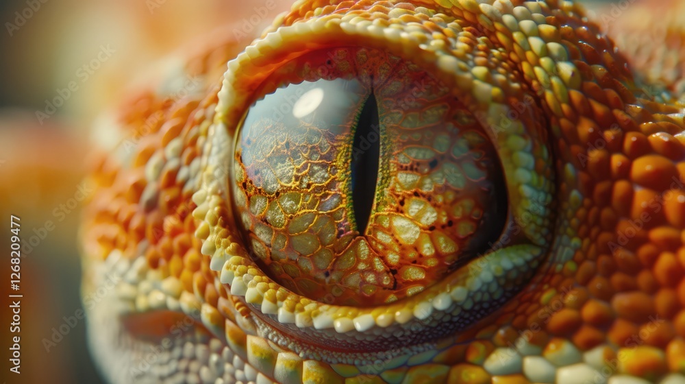 Close-up of a vibrant gecko eye showcasing intricate patterns and textures, with a blurred natural background Close-up of a vibrant gecko eye showcasing intricate patterns and textures, with a blurred natural background