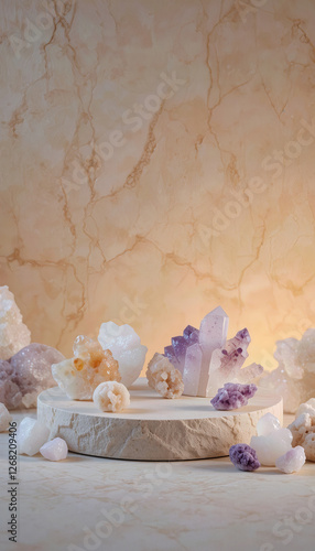 Sophisticated Product Display: 3D Render Podium with Marble Texture and Raw Crystal Accents for High-End Product Backdrops
