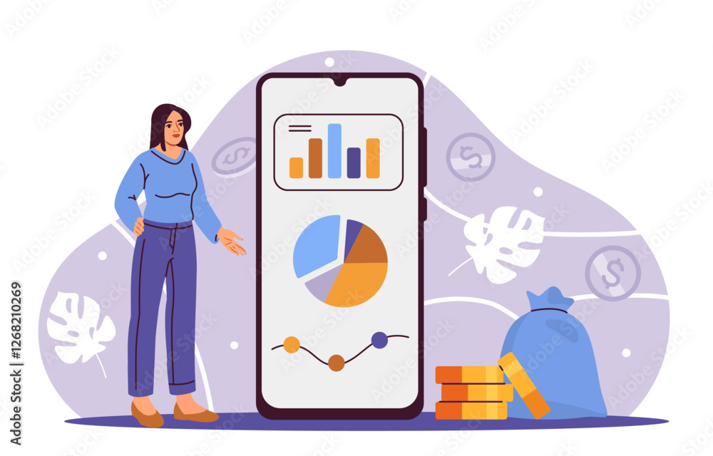 Woman standing next to a giant smartphone displaying financial charts and graphs. Background with money symbols and foliage. Concept of financial analysis and investment. Vector illustration Woman standing next to a giant smartphone displaying financial charts and graphs. Background with money symbols and foliage. Concept of financial analysis and investment. Vector illustration