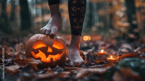 A person stepping on a carved pumpkin in a forest during autumn, surrounded by fallen leaves and candles
