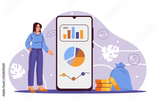 Woman standing next to a giant smartphone displaying financial charts and graphs. Background with money symbols and foliage. Concept of financial analysis and investment. Vector illustration