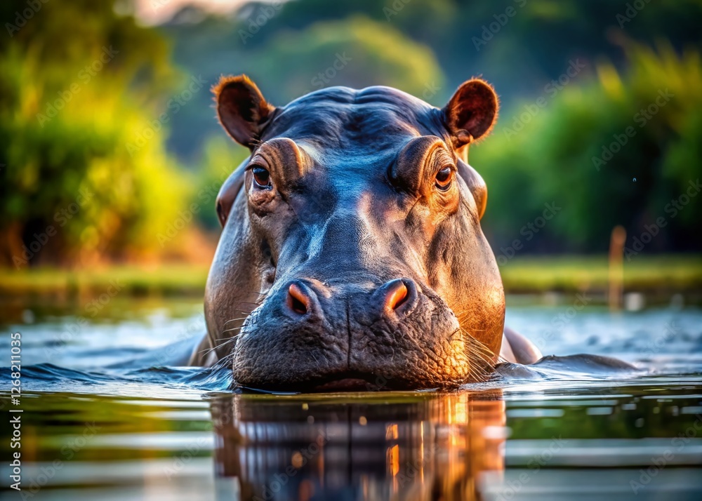 Fototapeta premium Hippopotamus Amphibius Surfacing for Breath: Underwater River Scene with High Depth of Field