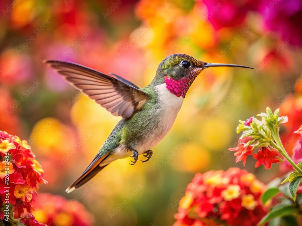 Naklejka premium Hummingbird Amongst Vibrant Blossoms: A Botanical Masterpiece