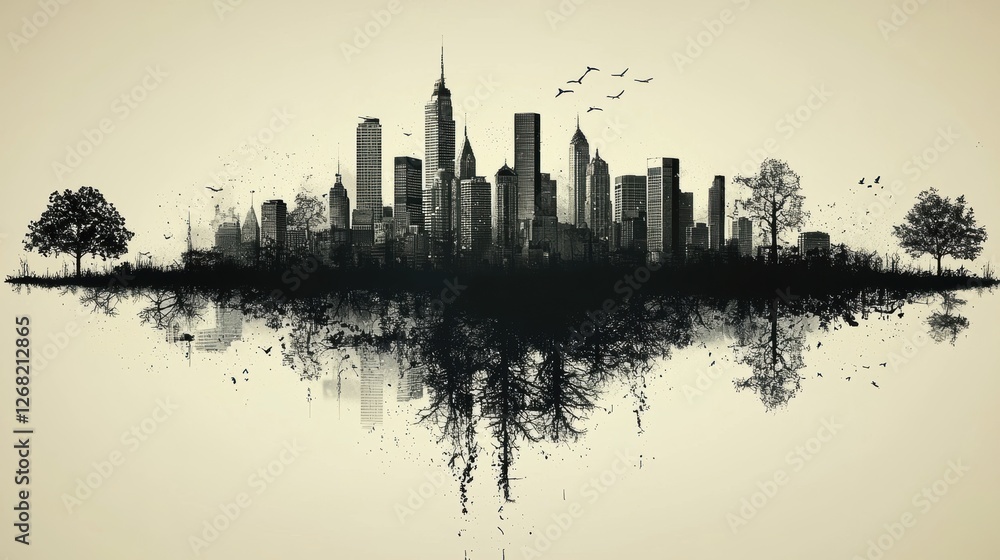 Fototapeta premium A stylized city skyline reflecting nature, blending urban and natural elements.
