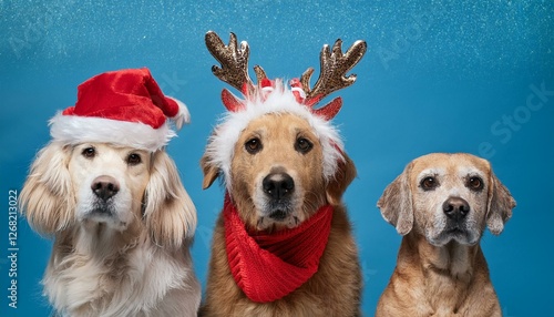 a Poodle wearing a glittery red ribbon, a Boxer with a Santa hat trimmed in white fluff, and
