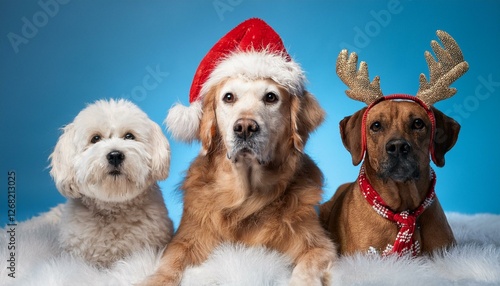 a Poodle wearing a glittery red ribbon, a Boxer with a Santa hat trimmed in white fluff, and