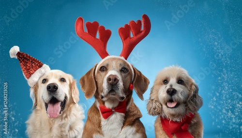a Poodle wearing a glittery red ribbon, a Boxer with a Santa hat trimmed in white fluff, and