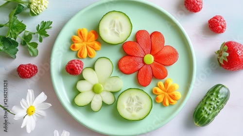 Wallpaper Mural Creative Salad: Cucumber Flowers and Berries on a Green Plate Arrangement Torontodigital.ca