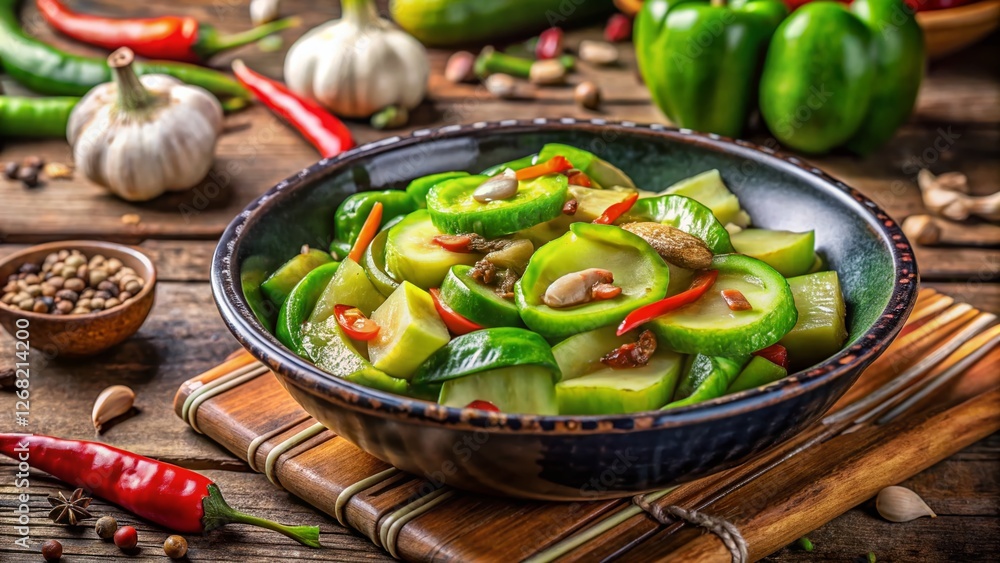 Indonesian Chayote Stir-Fry in Enamel Bowl - Spicy Tumis Labu Siam Recipe Indonesian Chayote Stir-Fry in Enamel Bowl - Spicy Tumis Labu Siam Recipe