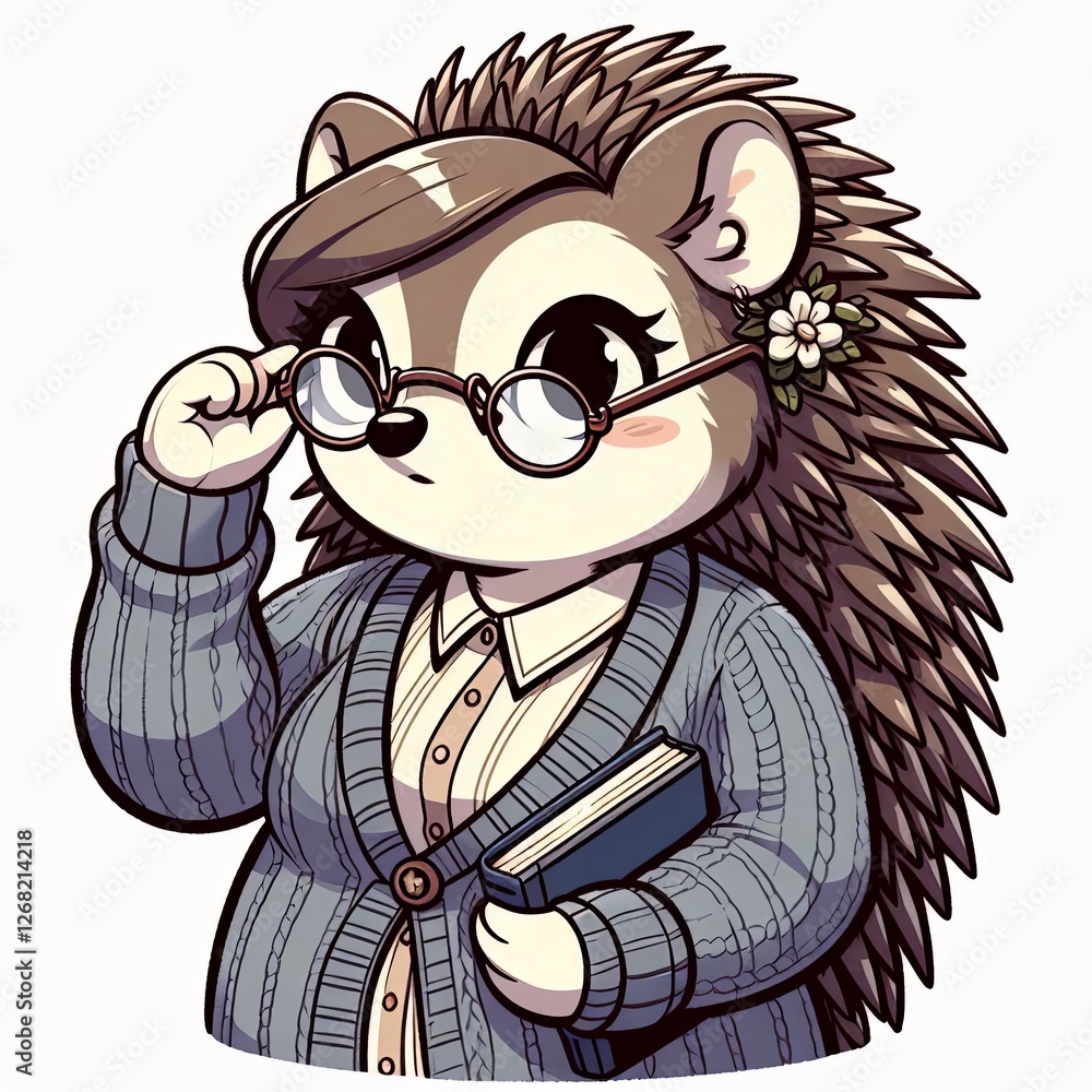 Naklejka premium Charming Hedgehog Reading at Work