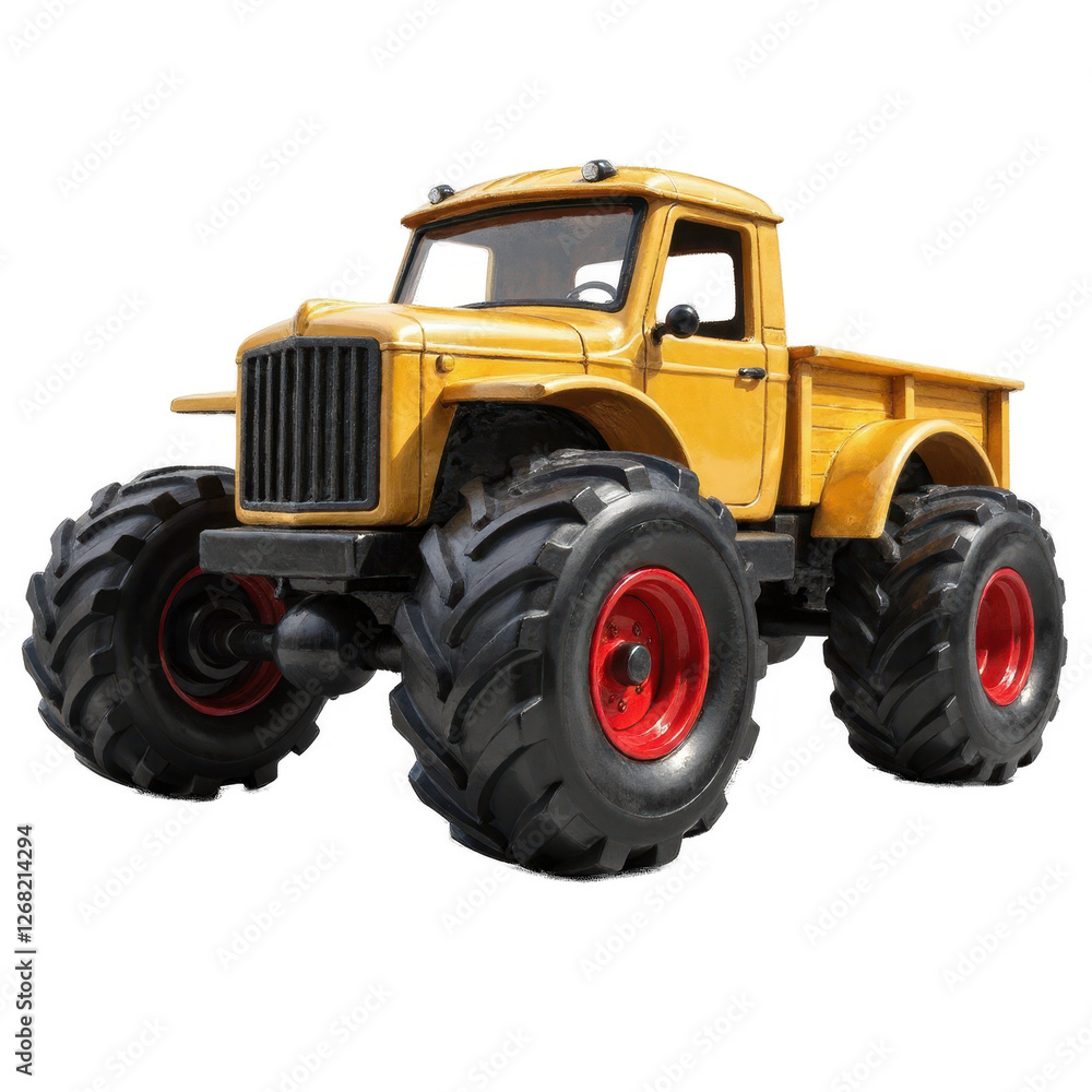 Toy Truck with Large Tires and Red Wheels Against Blurred Background. A yellow toy truck with large tires and red wheels. Toy Truck with Large Tires and Red Wheels Against Blurred Background. A yellow toy truck with large tires and red wheels.