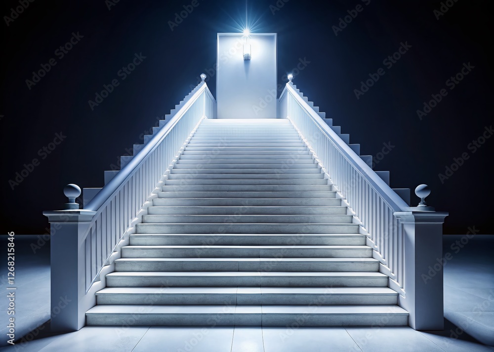 Fototapeta premium Isolated White Staircase, Modern Minimalist Night Photography, Front View, Clean Design, Architectural Detail