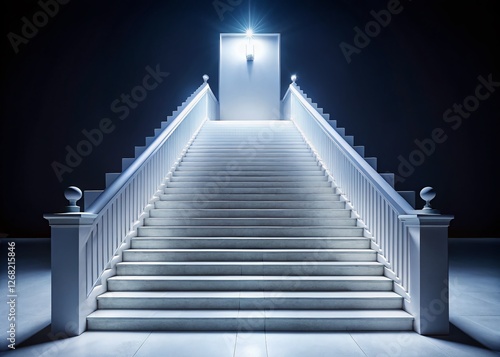 Isolated White Staircase, Modern Minimalist Night Photography, Front View, Clean Design, Architectural Detail