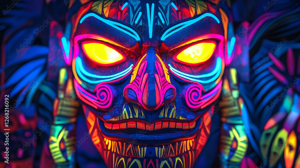 An abstract artistic embodiment of the Tiki culture, a neon mask with swirling tropical patterns in bright blue, red and green tones An abstract artistic embodiment of the Tiki culture, a neon mask with swirling tropical patterns in bright blue, red and green tones