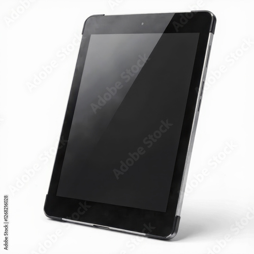 Black and Silver Tablet Computer with Sleek Black Display on Transparent Background. A black tablet computer sitting on top of a white surface. photo