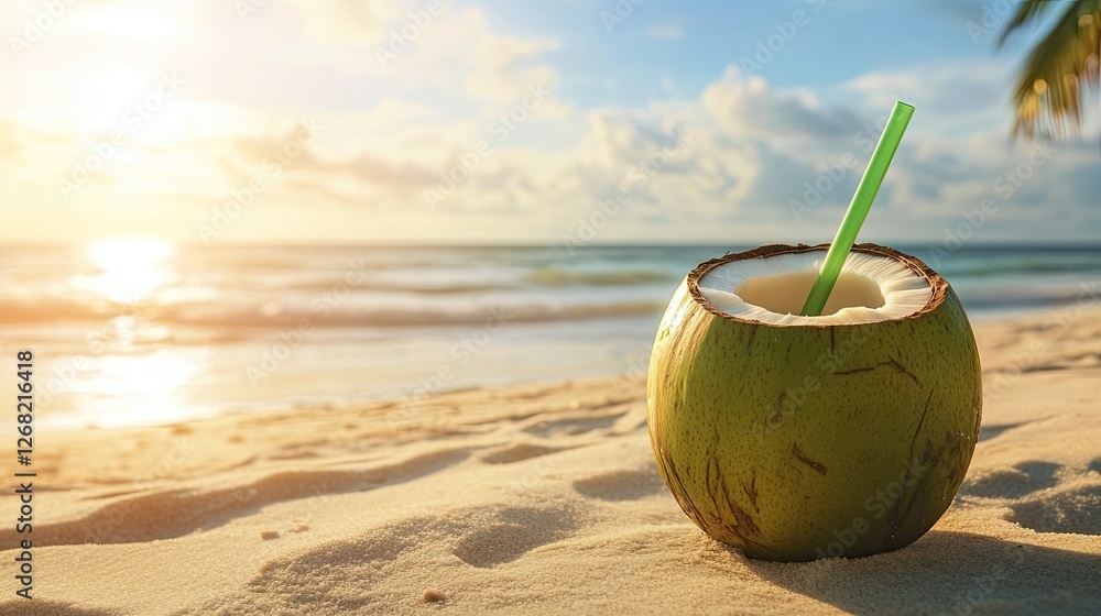 Coconut Drink with Straw on Sandy Beach at Sunset Coconut Drink with Straw on Sandy Beach at Sunset