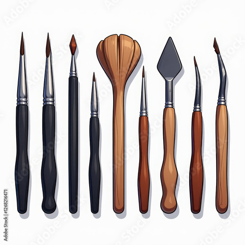 Lively Paintbrush Animation Set on Transparent Background: Varying Bristles and Lightweight Wooden Handles. A set of paint brushes with wooden handles and l tips. photo