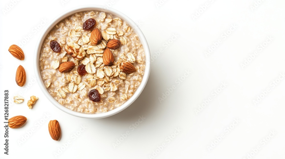 Delicious oatmeal topped with nuts and dried fruits, neatly packed in a recyclable box, isolated on white background with copy space. Delicious oatmeal topped with nuts and dried fruits, neatly packed in a recyclable box, isolated on white background with copy space.