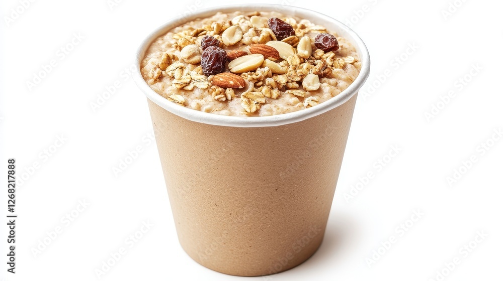 Delicious oatmeal topped with nuts and dried fruits, neatly packed in a recyclable box, isolated on white background with copy space. Delicious oatmeal topped with nuts and dried fruits, neatly packed in a recyclable box, isolated on white background with copy space.