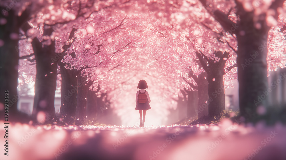 桜並木の道を歩む小学生の後ろ姿 桜並木の道を歩む小学生の後ろ姿
