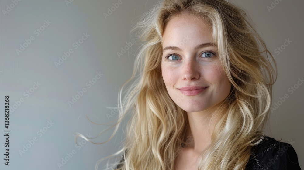 Portrait of a young woman with long, wavy hair smiling softly against a neutral background, conveying warmth and approachability Portrait of a young woman with long, wavy hair smiling softly against a neutral background, conveying warmth and approachability