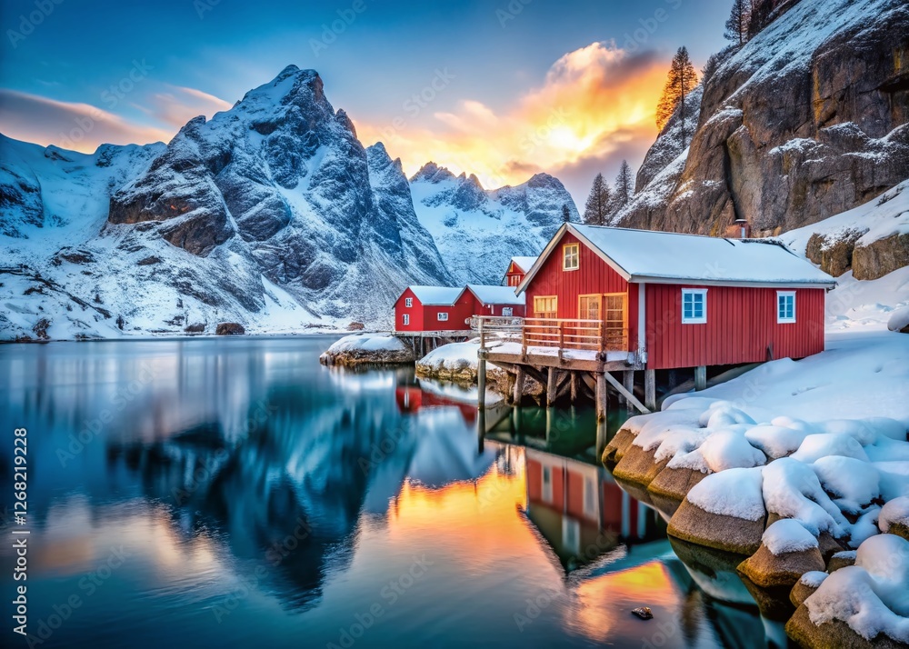 Fototapeta premium Lofoten Islands Winter Nusfjord: Cozy Cabin & Traditional Norwegian Fishing Village