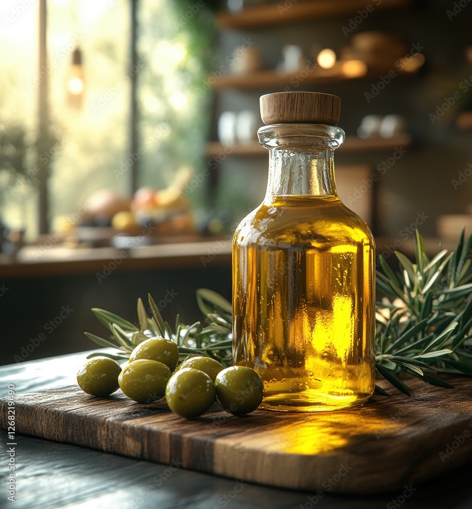 Golden Olive Oil Bottle with Green Olives in Rustic Kitchen Golden Olive Oil Bottle with Green Olives in Rustic Kitchen