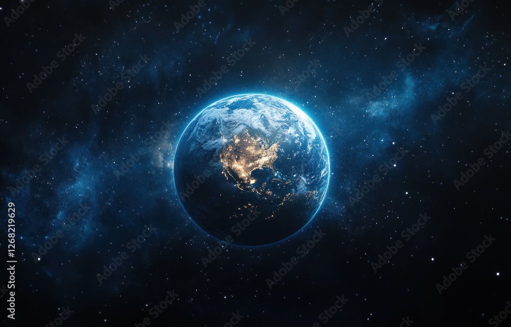 Stunning Earth View from Space with Sunrise over Planet Amidst Stars and Galaxy Stunning Earth View from Space with Sunrise over Planet Amidst Stars and Galaxy