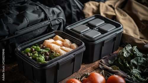 Fitness meal boxes with lean proteins and greens, athletic lifestyle.  photo