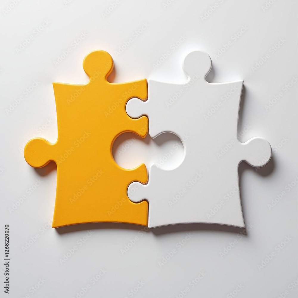 Fototapeta premium Two Jigsaw Puzzle Pieces: Yellow Jagged Edge Contrast Against Smooth White Finish. Two white and yellow jigsaw puzzle pieces on a white surface.