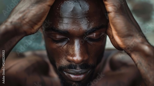 Wallpaper Mural Close-up of a pensive man with a focused expression, hands on his head, against a blurred urban background Torontodigital.ca