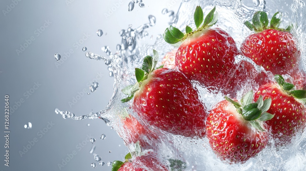 Fresh strawberries levitating with dynamic water splashes surrounding them, set against a light grey background, isolated with copy space. Fresh strawberries levitating with dynamic water splashes surrounding them, set against a light grey background, isolated with copy space.