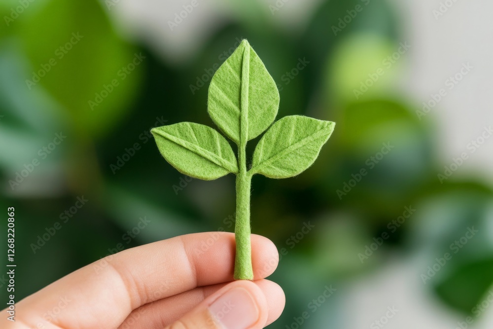 Close up of hand holding small green plant with two leaves symbolizing growth renewal sustainability and environmental awareness in an eco conscious minimalist setting Close up of hand holding small green plant with two leaves symbolizing growth renewal sustainability and environmental awareness in an eco conscious minimalist setting