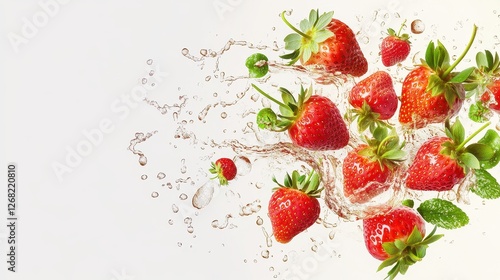 Fresh strawberries levitating with dynamic water splashes surrounding them, set against a light grey background, isolated with copy space.  photo