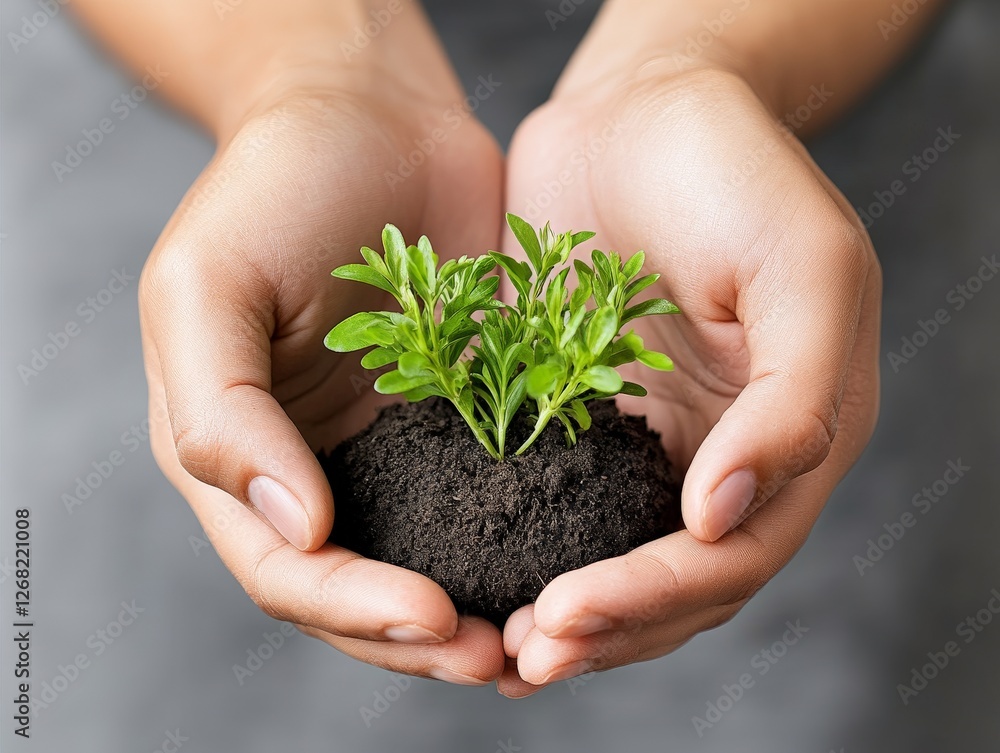 Hands holding young green plant growing in soil representing environmental sustainability new beginnings and the cycle of life in an eco friendly concept Hands holding young green plant growing in soil representing environmental sustainability new beginnings and the cycle of life in an eco friendly concept