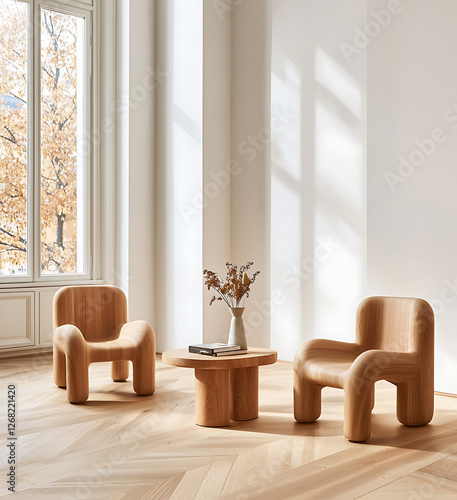 modern living room featuring two sculptural wooden chairs and round coffee table, creating warm and inviting atmosphere