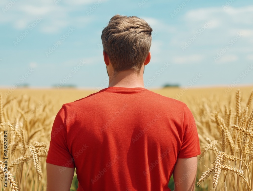 Man in a red shirt standing in a golden wheat field back turned to the camera symbolizing solitude contemplation and connection to agriculture and nature in a vast open rural setting Man in a red shirt standing in a golden wheat field back turned to the camera symbolizing solitude contemplation and connection to agriculture and nature in a vast open rural setting