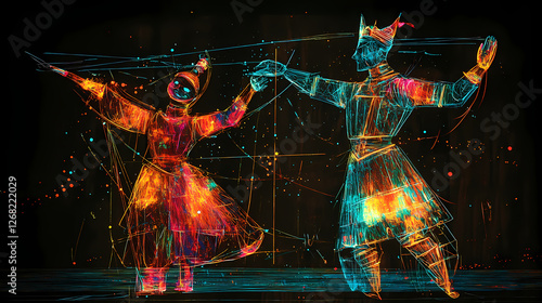 Detailed image of a puppet in mid-dance, with abstract lines and shapes symbolizing the control of the puppeteer,. Neon-Plated Knights. Illustration photo