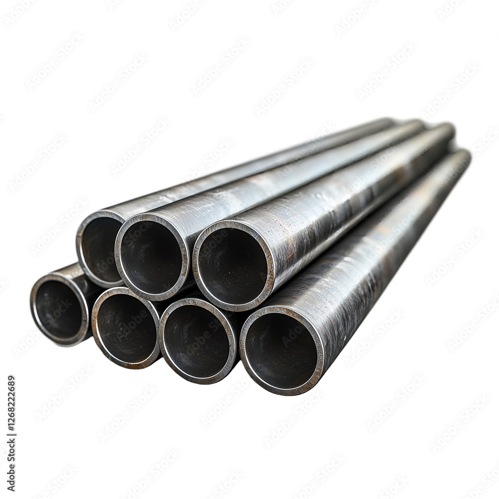 Fototapeta premium Steel Pipes Industrial Metal Tubes Stacked grey dark iron isolated on transparent background