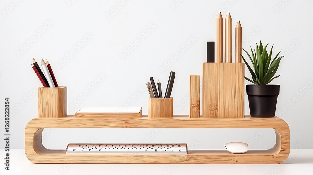 Modern wooden desk organizer with pencils, plant, keyboard, and mouse.