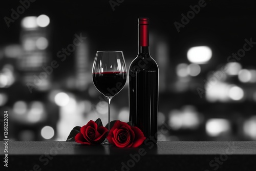 A bottle of red wine with a glass filled with red wine and red roses in the foreground, set against a blurred city lights background for a romantic atmosphere photo