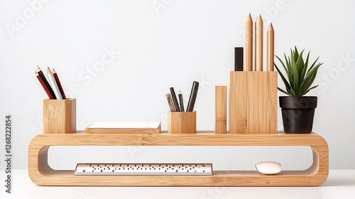 Obraz na płótnie Modern wooden desk organizer with pencils, plant, keyboard, and mouse. w salonie